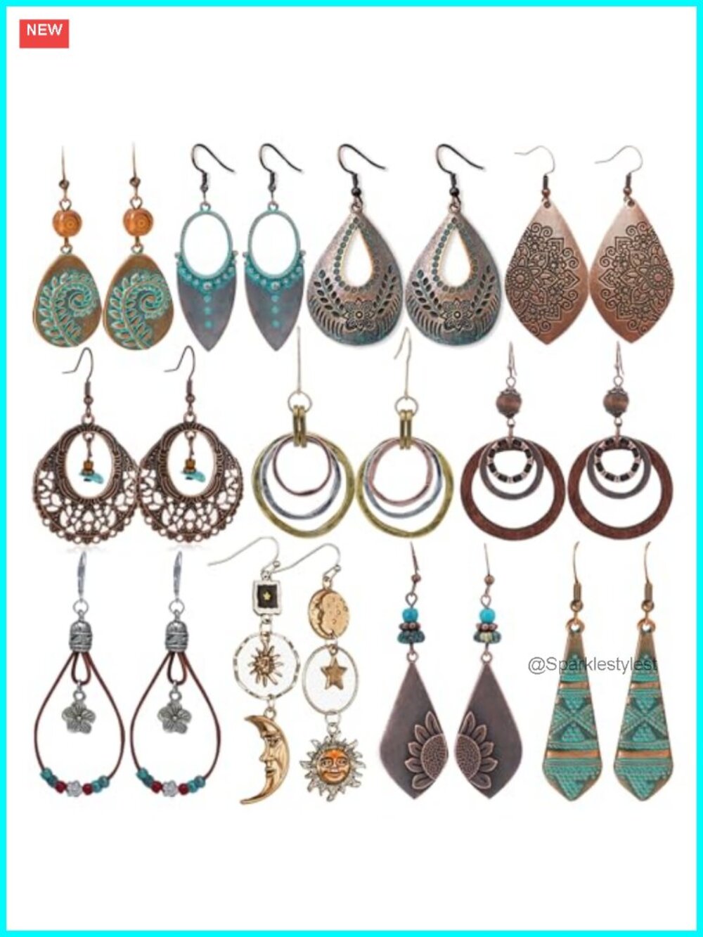 11 Pairs Vintage Dangle Earrings Boho Jewelry Set Zinc Alloy Teardrop Sun Moon